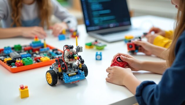 Children build, code robot toy using constructor parts, laptop. Kids learn engineering, science, tech skills in fun classroom activity, developing future innovations. Control bot with joystick.
