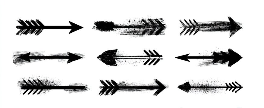 Nine stylized black arrows with a textured, painterly effect