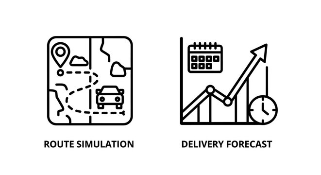 Route simulation and delivery forecast logistics icons with simulation, delivery