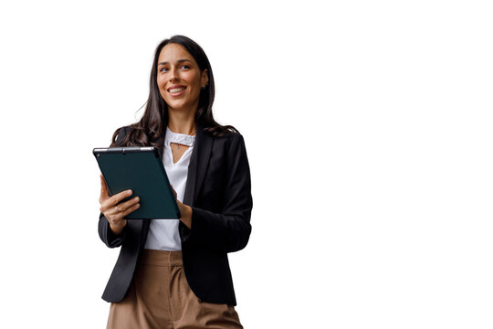 Professional business woman smiling, holding digital tablet, looking away with thoughtful expression, transparent background
