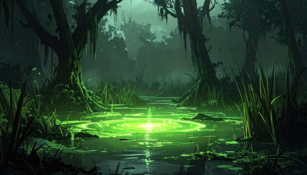 Mysterious Green Light in Dark Forest Swamp.