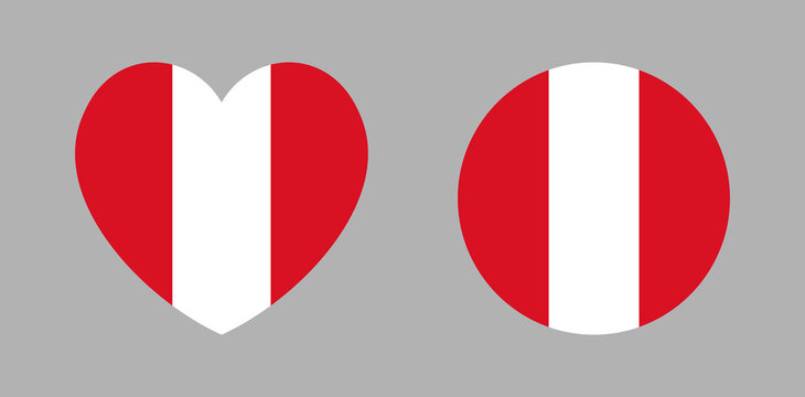 Civil round, heart icon, sticker flag of Peru. Peru flag heart shaped, circle ensign, button, badge. Flag of Peru background, banner set.