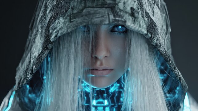 Mysterious figure in futuristic attire with glowing blue eyes and hair