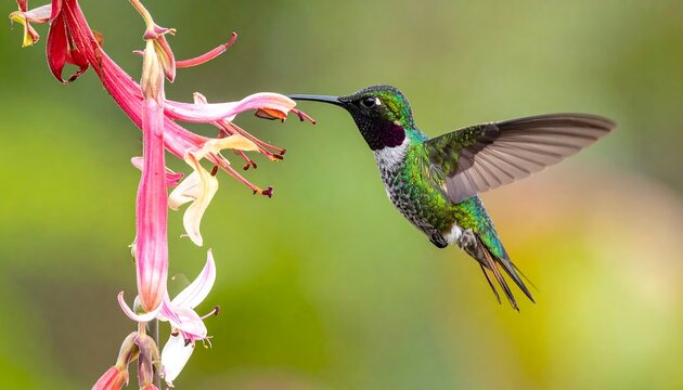 A vibrant hummingbird hovers near colorful blossoms, with a black head and iridescent feathers, mid-flight and poised