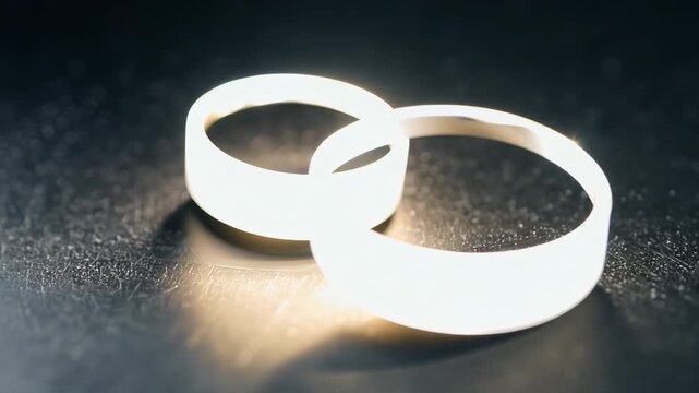 Close-up view of two wedding rings on a dark surface, showcasing their reflective surfaces and intricate details in a beautifully lit setting