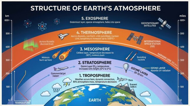A detailed diagram illustrating the structure of Earth's atmosphere, including the troposphere, stratosphere, mesosphere, thermosphere, exosphere, and outer space.