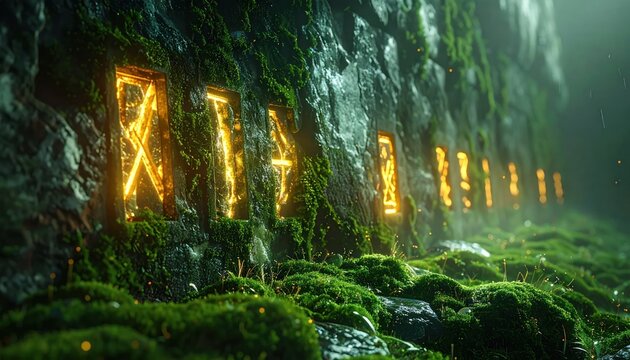 Glowing Runes in Mossy Cave Environment.