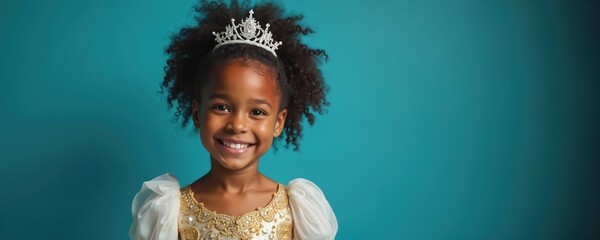 Naklejka premium Black child princess smiles wearing sparkly tiara and ornate gown. Young girl with curly hair poses against blue backdrop, dreaming of fairy tales and royal adventures.