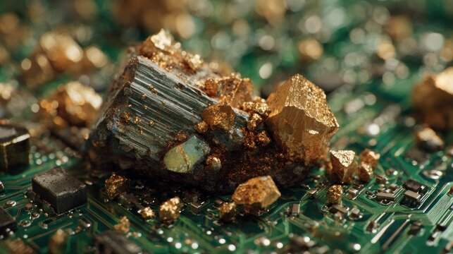 Close up of golden pyrite and integrated circuit board components