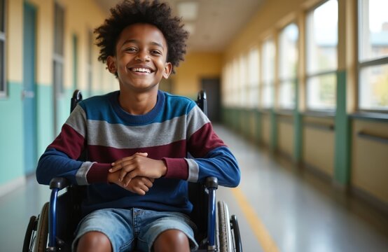 Smiling african american boy sits in wheelchair in school hallway. He looks happy and confident, ready for learning and fun with friends. Education for all children.