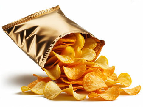 Potato chips spilling from foil bag isolated on white background