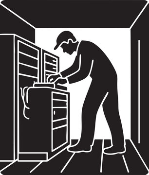 Technician working on server racks in a data center environment