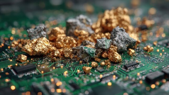 Close up of gold ore and rock pieces on a green circuit board background