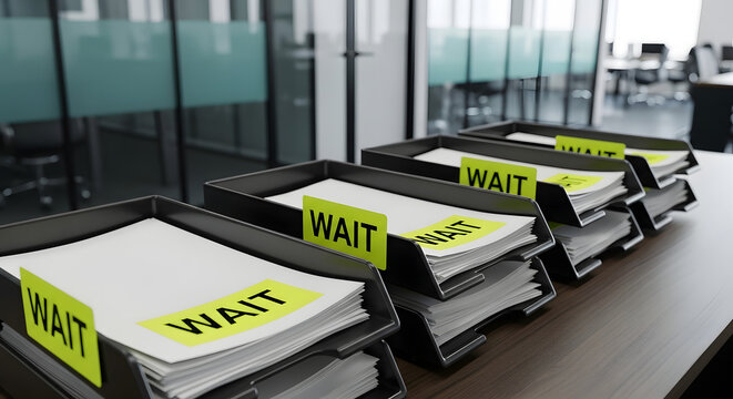 Stacks of documents labeled 'WAIT' sit in office trays, implying delay and bureaucracy