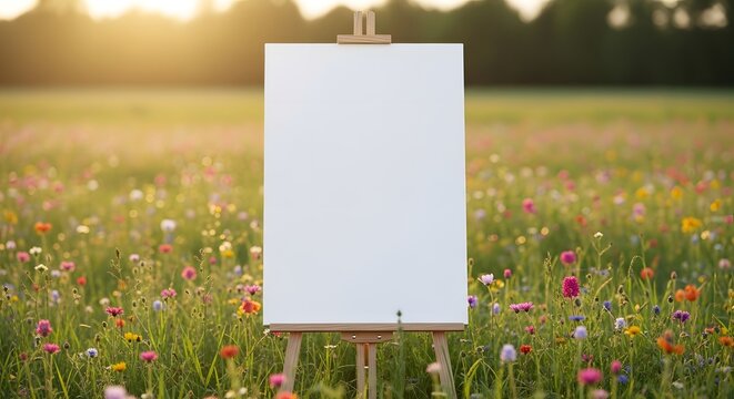 Bright Blank Canvas on Easel in Field at Sunset