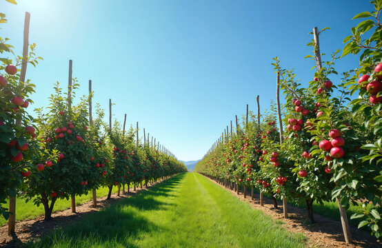 Rows of young apple trees heavy with ripe red fruit stretch towards a clear blue sky. Rich green grass carpets the ground between the neat orchard rows. Sunlight illuminates the abundant harvest.