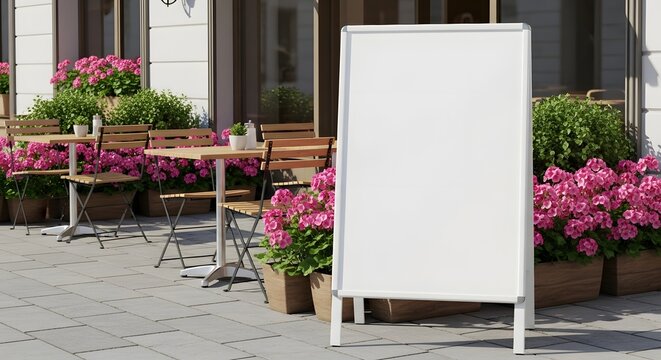 Bright Outdoor Cafe Exterior with Empty Whiteboard and Flower Planters