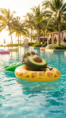 Obraz premium Funny anthropomorphic fruit character with sunglasses in vibrant summer setting