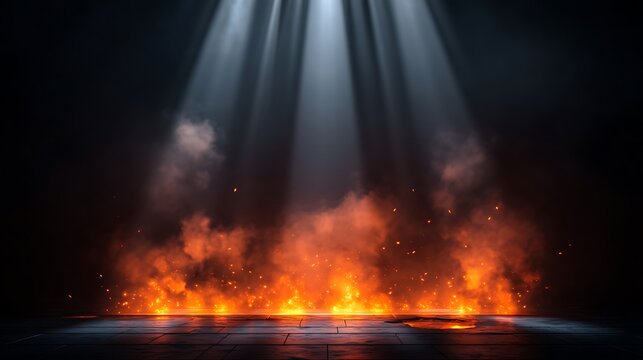 Fiery explosion of molten lava from volcanic vent with smoke and glowing embers volcano eruption