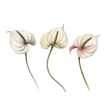 Three white anthurium flowers with green spadix stems isolated on a white background