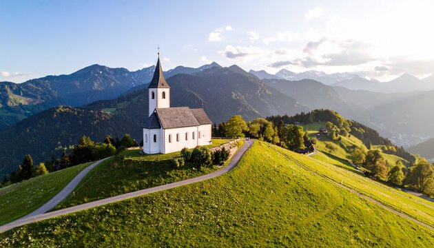 丘の上の教会と広がる美しい山岳風景