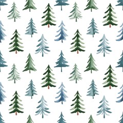 Obraz premium Watercolor seamless pattern of evergreen pine trees in shades of green and blue on a white background