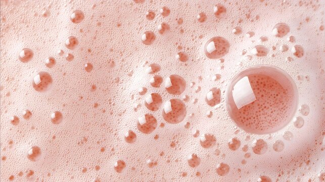Macro texture of light pink strawberry milkshake or smoothie foam with bubbles