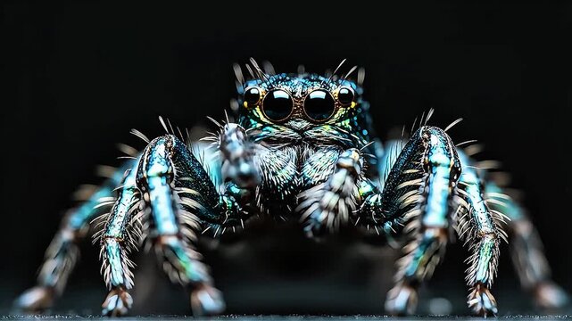 A stunning close-up photograph showcases a vibrant jumping spider, revealing intricate details of its iridescent blue and white markings and large eyes.