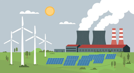 Naklejka premium Renewable energy sources and industrial power plant in a landscape with wind turbines and solar panels
