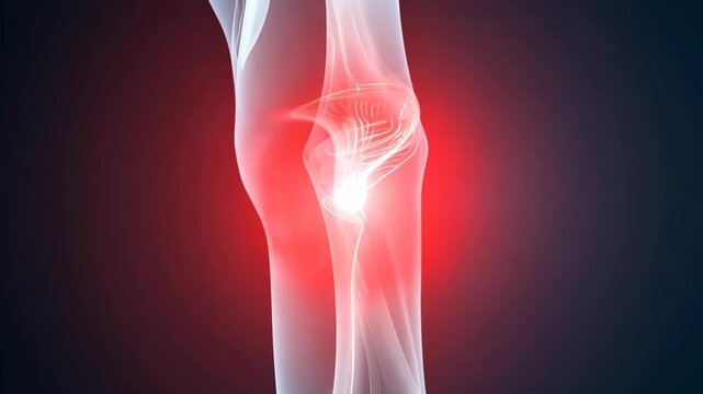 X-ray images of human knee joint showing progressive views of joint structure with highlighted area indicating inflammation or injury in a dark background