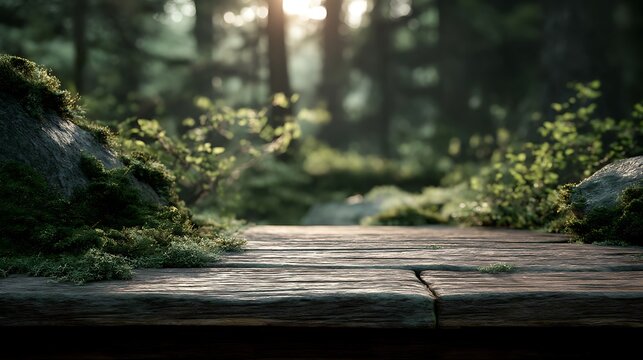 Foggy forest path with tall evergreen trees and moss-covered ground in low light conditions