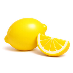 Cute 3D Lemon with Slice, Glossy Yellow Citrus Fruit Icon with Cut Section Isolated on White Background
