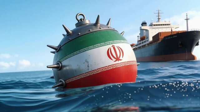 Naval mine with Iranian flag floating in open sea with approaching oil tanker. Maritime security and geopolitical tension concept. Tilt down shot.
