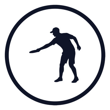 A dark blue silhouette of a man wearing a cap and throwing a frisbee within a circle on a white background.