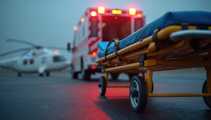 Fototapeta premium Ambulance and helicopter await patient on tarmac at night. Stretcher ready for transport. Emergency medical services scene with urgent care and rescue operation. Critical condition transport at dusk.