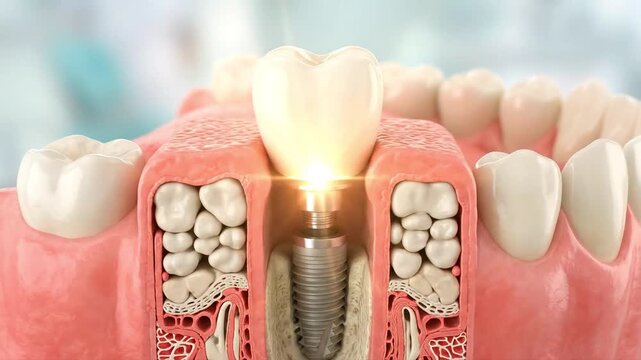 Dental implant procedure showing tooth structure, suitable for dentistry, oral surgery, medical education, clinic promotion, and health campaigns.