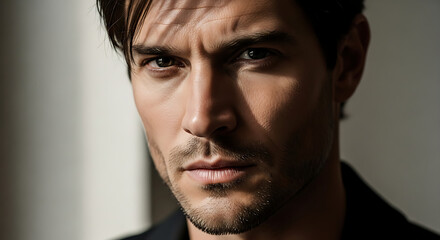 Obraz premium A handsome man with a serious expression looking directly at the camera.