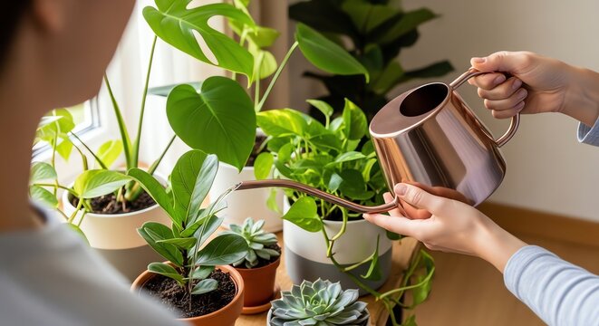 Woman Watering Green Plants with Copper Watering Can Indoors