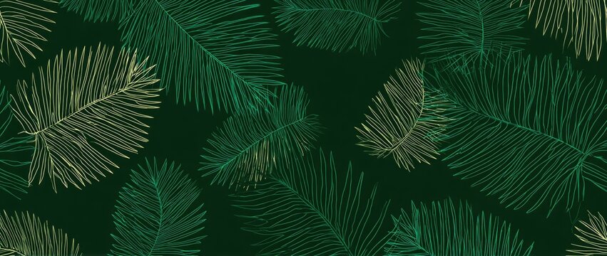 Lush green palm fronds are elegantly outlined against a deep forest green background