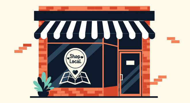 Charming local store front features a brick facade with a striped awning and a shop local sign displayed in the window.