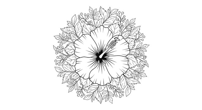 Intricate black and white mandala design features a central hibiscus flower surrounded by a ring of delicate leaves and berries.