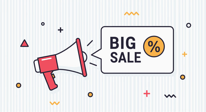 Bold marketing illustration features a large red megaphone and a speech bubble containing the text big sale with a percent sign.