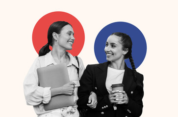 Two women are standing close and smiling at each other while having a conversation. One holds a notebook and the other a coffee cup. They appear to be enjoying their time together. © Prostock-studio