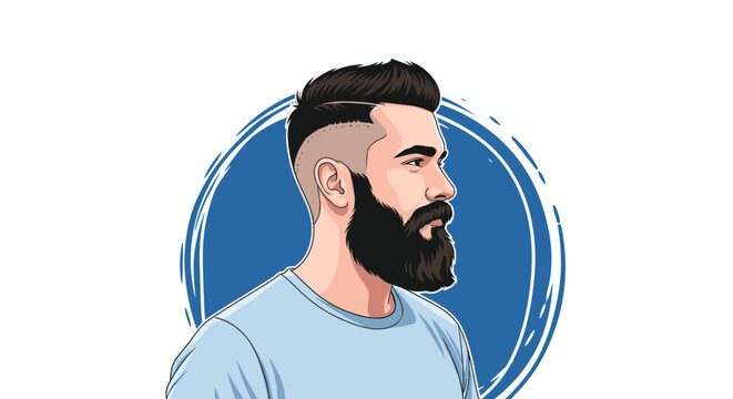 Side profile portrait of a modern man with a well-groomed full beard and a stylish haircut against a blue circular background.