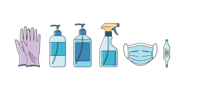 Collection of hygiene and healthcare essentials including purple gloves, hand sanitizer bottles, disinfectant spray, face mask, and thermometer.