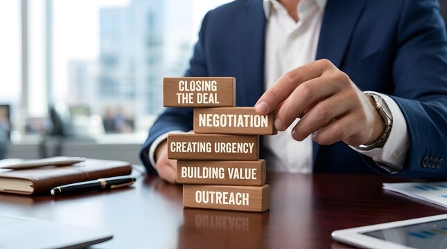 Businessman arranging wooden blocks symbolizing the steps of a successful sales process from outreach to closing the deal.