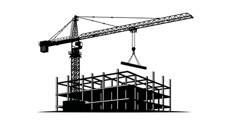 Construction crane lifting steel framework a striking black silhouette © Monjurul
