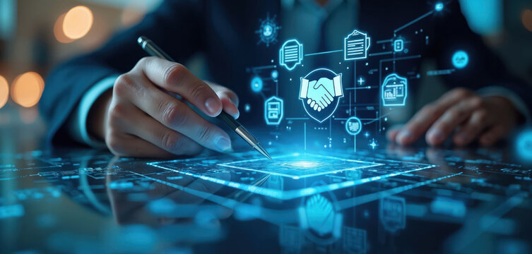 Hand interacts with digital interface showing handshake and document icons. Business technology network connects information. Future strategy planning and digital management.