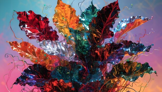 Daun-daun yang semarak di atas latar belakang gradien warna-warni untuk desain.
