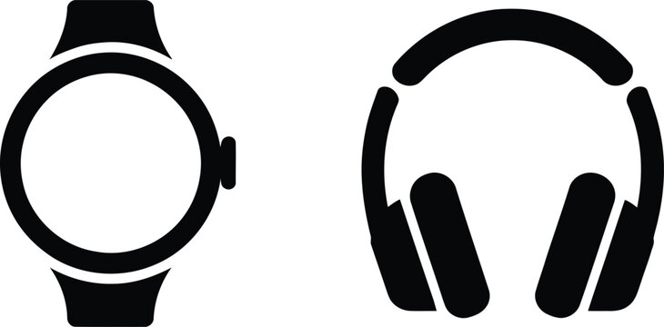 Smartwatch and headphones icons with flat design wearable technology smart device fitness tracker smartwatch headphones earphones technology graphics illustration silhouette minimalist